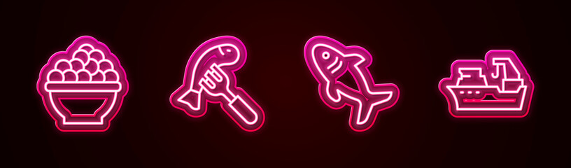 Set line Caviar, Served fish on plate, Shark and Fishing boat. Glowing neon icon. Vector