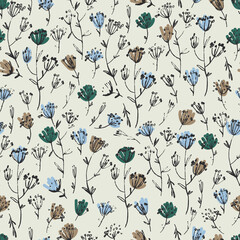 Seamless pattern with hand drawn meadow flowers in Ditsy style. Colorful illustrations on white background for surface design and other design projects