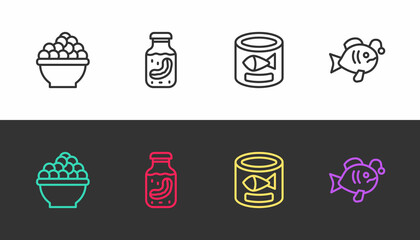 Set line Caviar, Sea cucumber in jar, Canned fish and Tropical on black and white. Vector