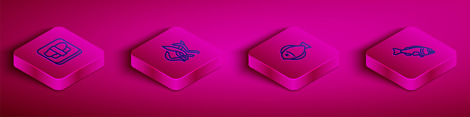 Set Isometric line Sushi on cutting board, Seaweed, Fish and icon. Vector