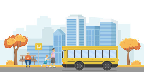 A man and a boy go hand in hand to the approaching bus. Urban infostructure. Vector illustration of an autumn city.