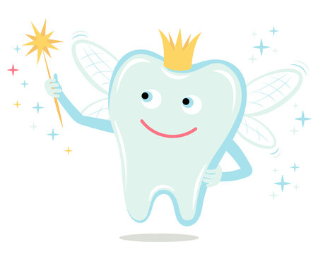 Vector character in a flat style. Tooth in the form tooth fairy with wings. In the crown and in the hand is a magic wand with a star. © Tauhavladi