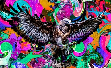 Poster Colorful artistic eagle muzzle with bright paint splatters on dark background © reznik_val