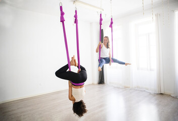 two young women friends practicing aerial yoga fly yoga in studio with hammock having fun moving preparing for pose happy private yoga class fitness exercise training gymnastics dance health pilates
