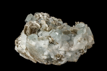 Macro mineral stone Aquamarine in rock on a black background