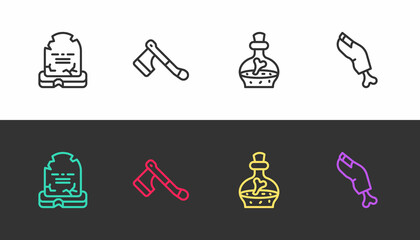 Set line Tombstone with RIP written, Wooden axe, Bottle potion and Zombie finger on black and white. Vector