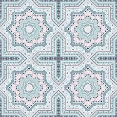 Gordijnen Retro Portugese azulejo tegel naadloos rapport. Etnische structuur vector lappendeken. Deksel print ontwerp. Stijlvol Lissabon azulejo tegelwerk eeuwig patroon. Interieurdecoratie afdrukken. © SunwArt