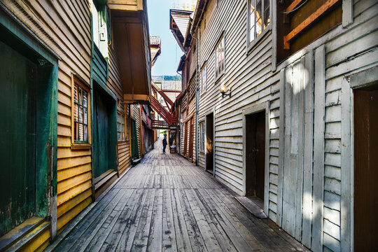 typical wooden buildings in Bryggen district in Bergen, a beautiful city in Norway