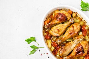 Fall harvest balsamic glazed chicken legs with vegetables in baking dish. Top view, copy space.
