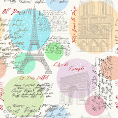 Seamless pattern with the sights of Paris. The Eiffel Tower, Notre Dame de Paris, the Arc de Triomphe in the engraved style with handwritten text.
