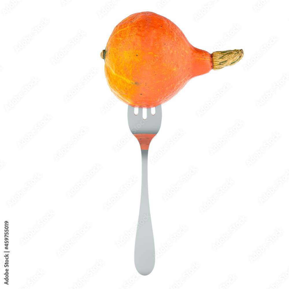 Wall mural hokkaido pumpkin on fork, 3d rendering