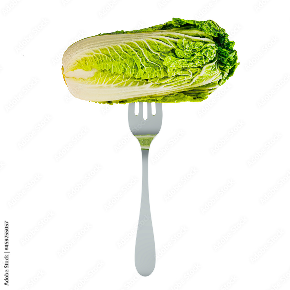 Poster fresh napa cabbage on fork, 3d rendering