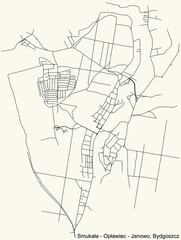 Detailed navigation urban street roads map on vintage beige background of the quarter Smukała-Opławiec-Janowo district of the Polish regional capital city of Bydgoszcz, Poland