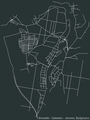 Detailed negative navigation urban street roads map on dark gray background of the quarter Piaski district of the Polish regional capital city of Bydgoszcz, Poland