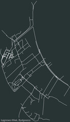 Detailed negative navigation urban street roads map on dark gray background of the quarter Łęgnowo Wieś district of the Polish regional capital city of Bydgoszcz, Poland