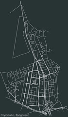 Detailed negative navigation urban street roads map on dark gray background of the quarter Czyżkówko district of the Polish regional capital city of Bydgoszcz, Poland
