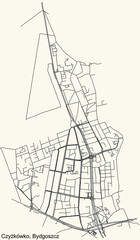 Detailed navigation urban street roads map on vintage beige background of the quarter Czyżkówko district of the Polish regional capital city of Bydgoszcz, Poland