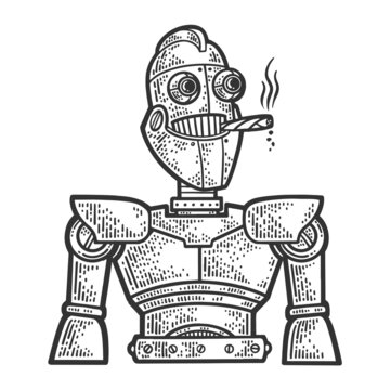 Cartoon robot smoking cigar sketch engraving vector illustration. T-shirt apparel print design. Scratch board imitation. Black and white hand drawn image.