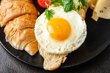 fried eggs breakfast cup of coffee liquid egg yolk fresh meal snack on the table copy space food background rustic top view 