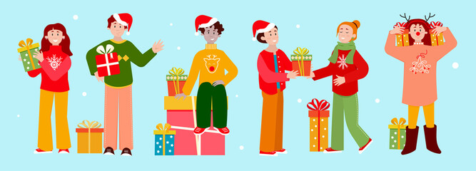 Group of young happy people holding Christmas gift boxes on white background. Friends wish each other merry Сhristmas and give gifts. Vector illustration in flat cartoon style.