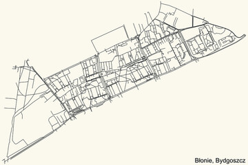 Detailed navigation urban street roads map on vintage beige background of the quarter Błonie district of the Polish regional capital city of Bydgoszcz, Poland