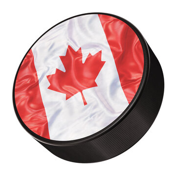 Realistic 3D illustration of the national flag of Canada ice hockey puck isolated on white