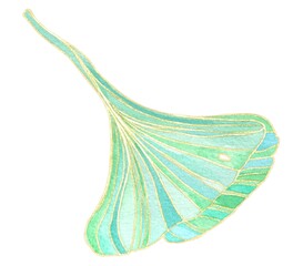 Watercolor illustrations, a green leaf, a side view on a white background, a golden outline