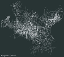 Detailed negative navigation urban street roads map on dark gray background of the Polish regional capital city of Bydgoszcz, Poland © Momcilo