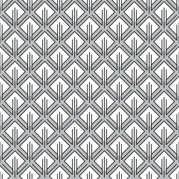 Abstract geometric pattern with white rhombuses and other curly elements. Seamless background, simple contour ornament.