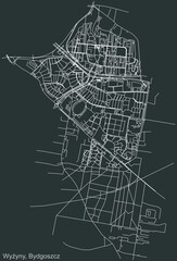 Detailed negative navigation urban street roads map on dark gray background of the quarter Wyżyny district of the Polish regional capital city of Bydgoszcz, Poland