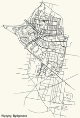 Detailed navigation urban street roads map on vintage beige background of the quarter Wyżyny district of the Polish regional capital city of Bydgoszcz, Poland
