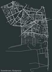 Detailed negative navigation urban street roads map on dark gray background of the quarter Szwederowo district of the Polish regional capital city of Bydgoszcz, Poland