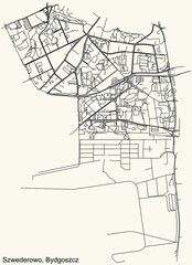 Detailed navigation urban street roads map on vintage beige background of the quarter Szwederowo district of the Polish regional capital city of Bydgoszcz, Poland