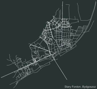 Detailed negative navigation urban street roads map on dark gray background of the quarter Stary Fordon district of the Polish regional capital city of Bydgoszcz, Poland