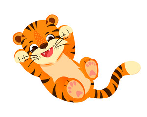 Illustration of a funny cartoon tiger cub being played