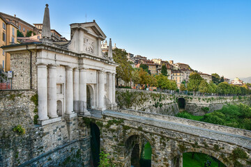 Fototapeta na wymiar Gate to the Upper Town (Citta Altta) of Bergamo in Italy, beautiful architecture 