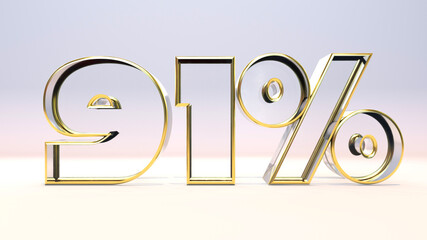 91% 3d glass material surrounded by a golden frame, discount business concept 3d render illustration.