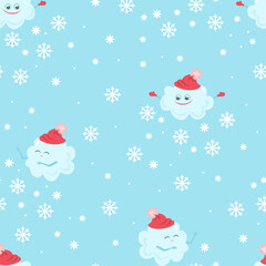 Funny cute snowy clouds and snowflakes seamless pattern. Children's cartoon winter background. Vector flat illustration.