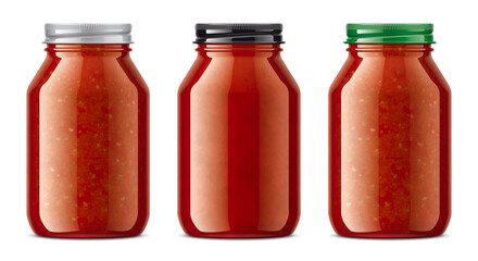 Set of Glass Jars with Tomato Sauces. 
