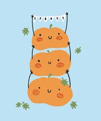 Obraz na płótnie Canvas Cute Hand Drawn Halloween Illustration with 3 Funny Orange Pumpkins on a Blue Background. Simple Infantile Style Print with Sweet Pumpkins Holding Party Garland with Black Handwritten Spooky. 