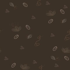 simple pattern with coffee beans and leaves in brown colors, aromatic coffee on brown trendy background