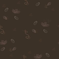 simple pattern with coffee beans and leaves in brown colors, aromatic coffee on brown background
