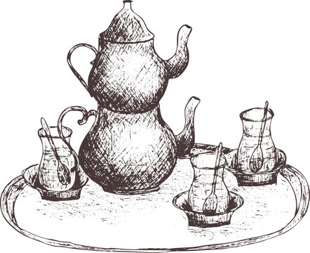 Hand drawn abstract outline vector sketch. Vintage silhouette turkish mugs "Armudu" with tea and a teapot with tea on a tray. Beverages. Traditional  tea ceremony. Eps image on transparent background