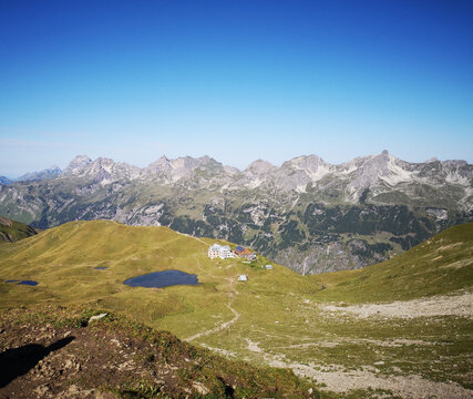 Aerial shot of the Allgau Alps with the Little and Great Rappensee lakes and Rappensee Hut in view