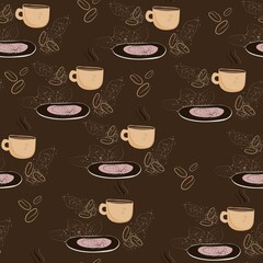 coffee cup patern with saucer and coffee leaves on brown background, pattern with brown dishes and plants and splashes