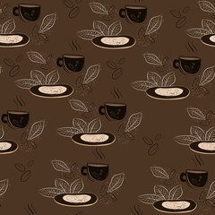 coffee cup patern with saucer and coffee leaves on brown background, pattern with brown dishes and plants and splashes