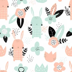 Foto op Canvas Vector hand-drawn color childrens seamless repeating pattern with cute bunny and flowers on a white background. Creative kids forest texture for fabric, wrapping, textile, wallpaper, apparel. © ZHUKO