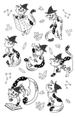 Black and white Halloween stickers - magic cat in a hat, white background