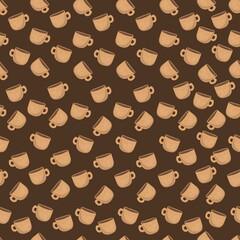 pattern with cups of coffee on brown background
