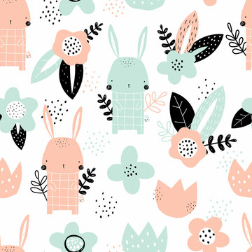 Vector hand-drawn color childrens seamless repeating pattern with cute bunny and flowers on a white background. Creative kids forest texture for fabric, wrapping, textile, wallpaper, apparel. © ZHUKO